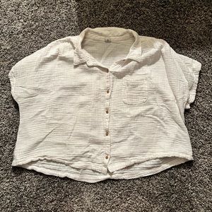 White Cropped Linen Button Up Shirt